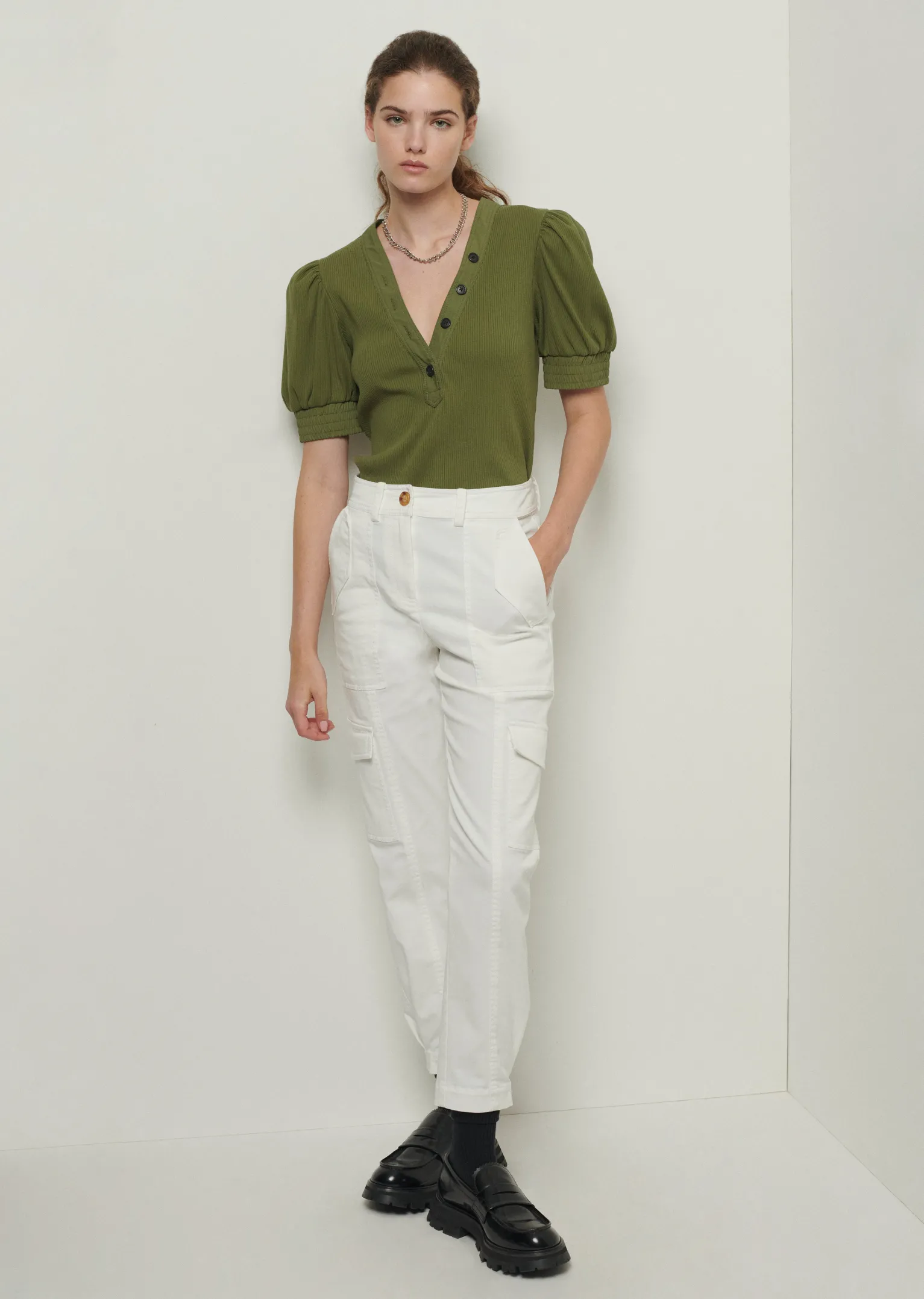 Women Derek Lam Essentials<Heather V-Neck Puff Sleeve T-Shirt