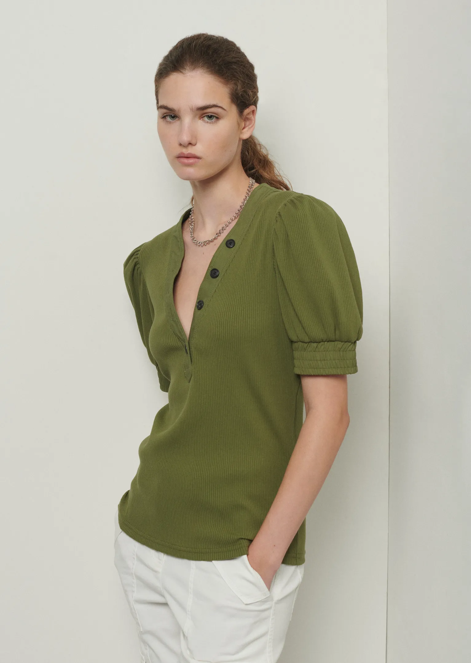 Women Derek Lam Essentials<Heather V-Neck Puff Sleeve T-Shirt