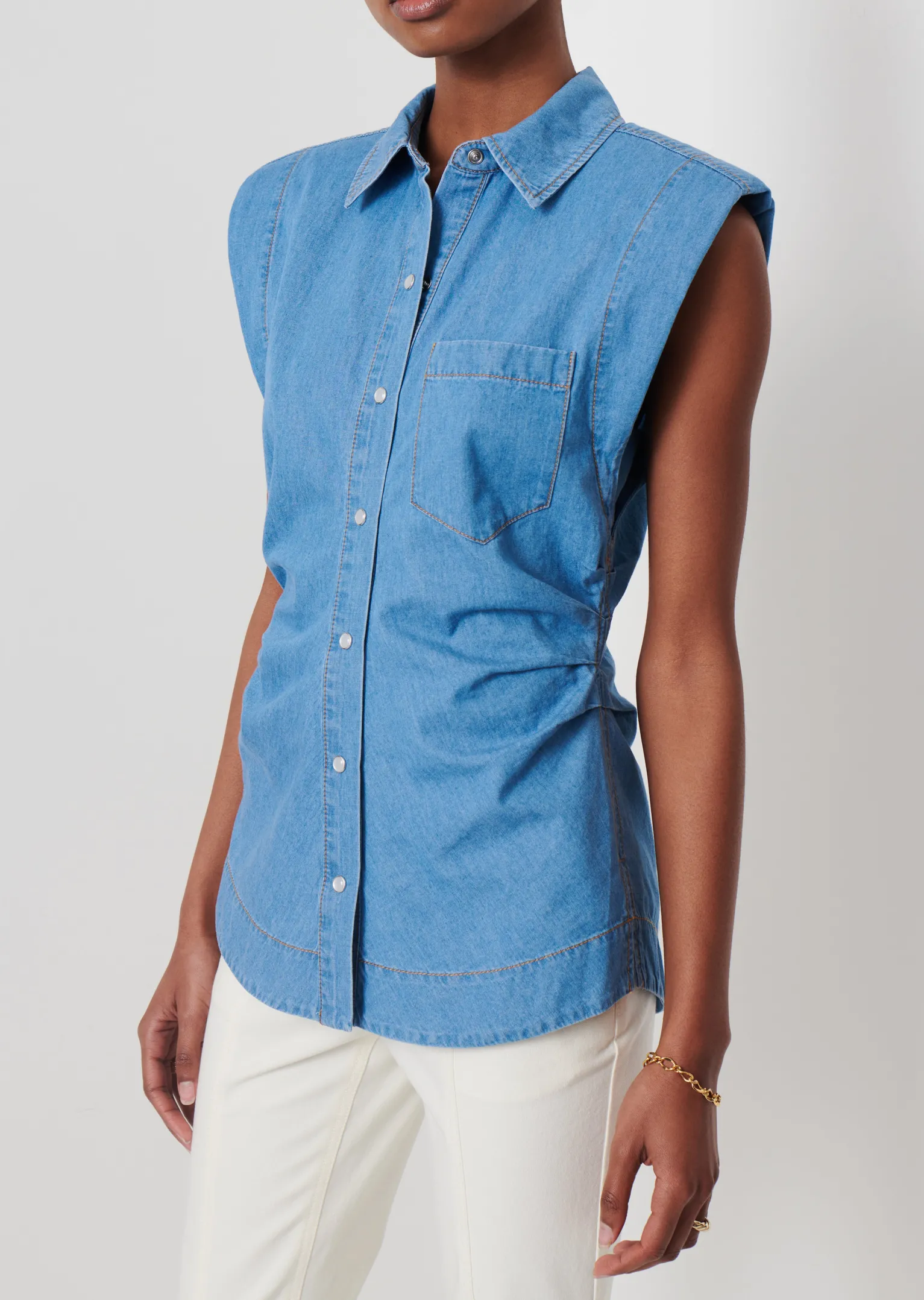 Women Derek Lam Essentials<Ivy Sleeveless Ruched Button Down Shirt